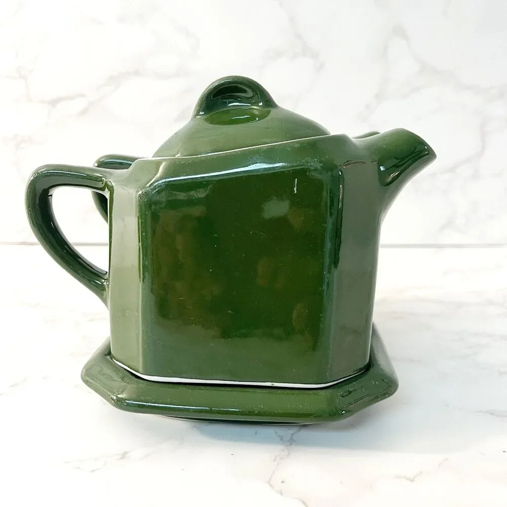 Vintage Lidded Shenango China Oil & Vinegar Cruet Set with Tray Forest Green